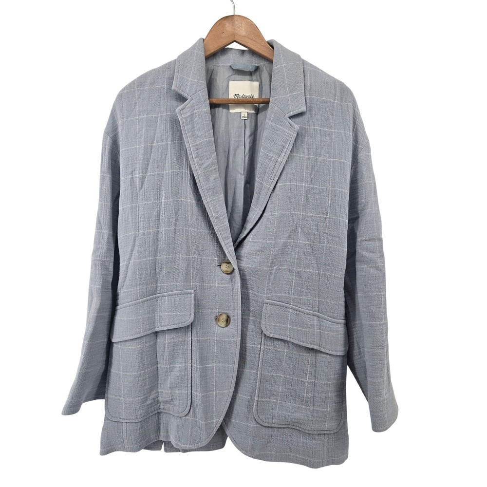 Madewell Plaid Linen Blazer Large Light Blue Check‎ Oversized Menswear Academia